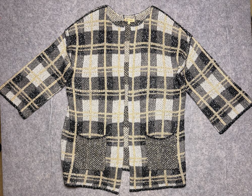 DEMOCRACY Sz L Open Front Cardigan Plaid Heavy Knit Sweater